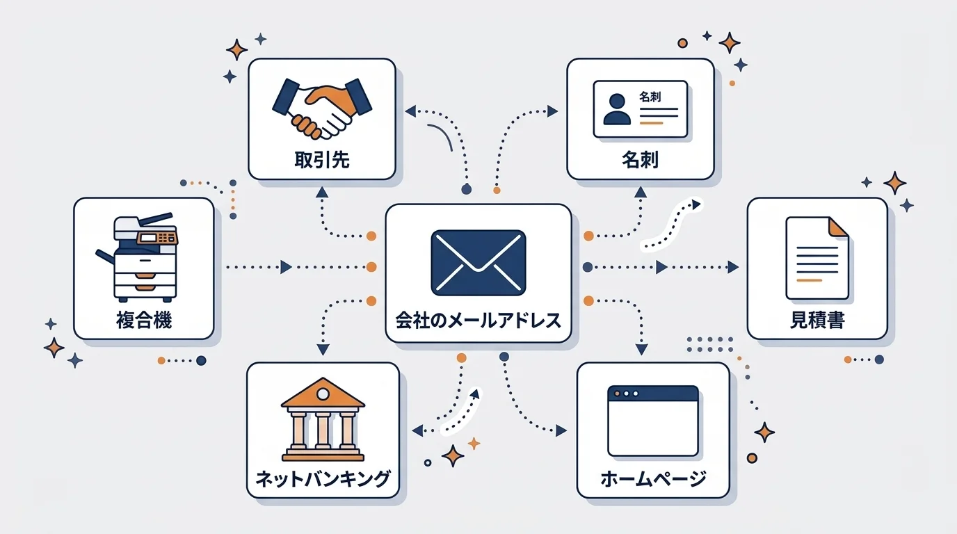 会社のメールアドレスが書かれている場所：取引先、名刺、見積書、ホームページ、ネットバンキング、複合機