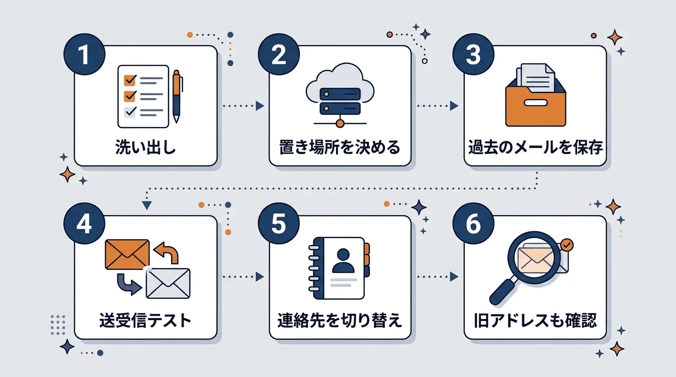 独自ドメインのメールへ移す6つの手順：洗い出し、置き場所を決める、過去のメールを保存、送受信テスト、連絡先を切り替え、旧アドレスも確認